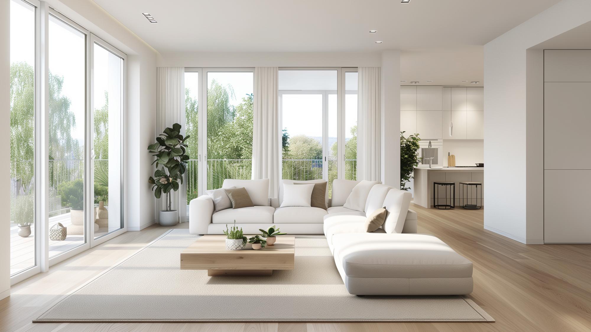 A bright and modern living room featuring a large white sectional sofa, a light-colored area rug, and a wooden coffee table. Large windows allow natural light to fill the space, with greenery visible outside. The decor is minimalistic, with a few plants and neutral-toned cushions.